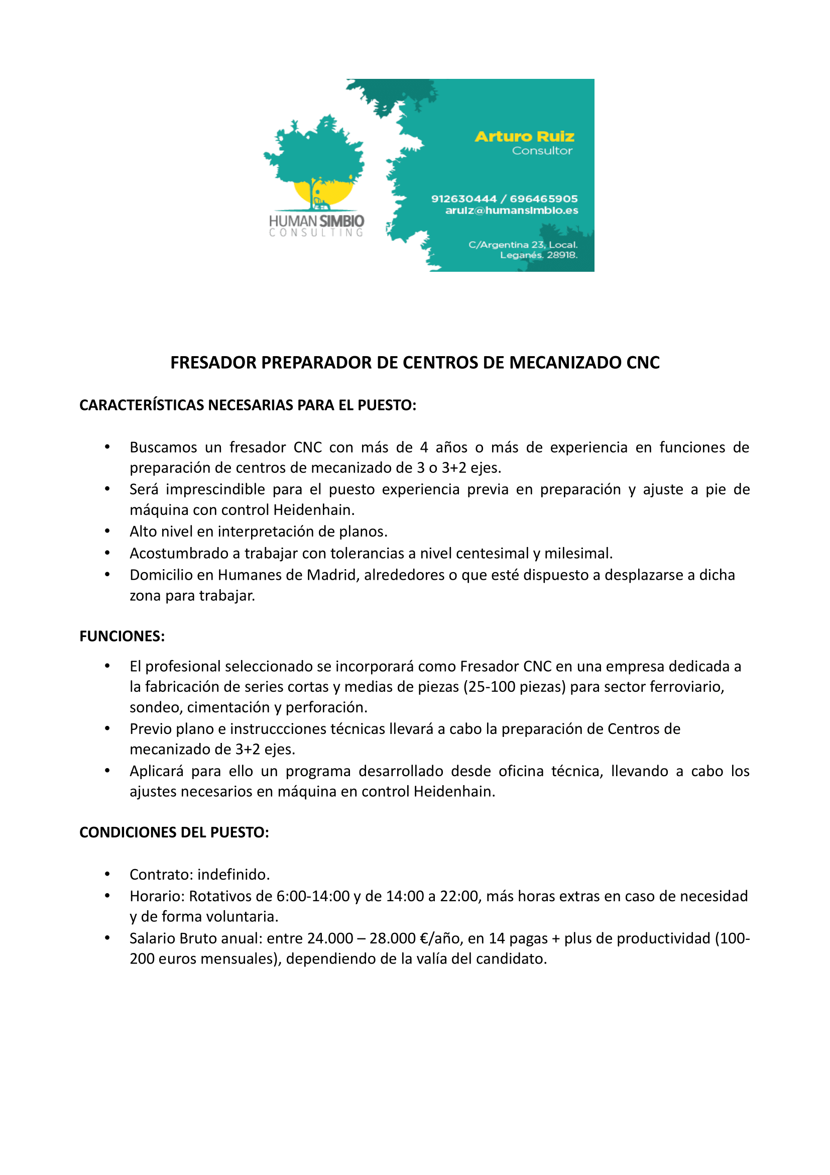 Fresador Preparador Centros de Mecanizado CNC