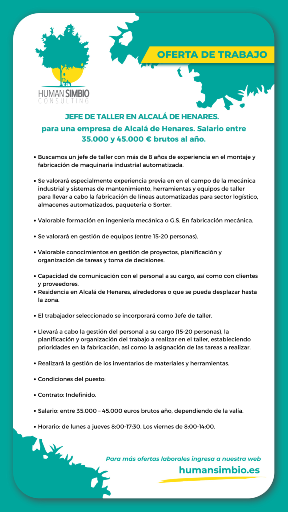 Jefe de taller en Alcalá de Henares